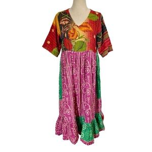 Kantha Floral Patchwork Babydoll Midi Dress by Nania Handmade Boho